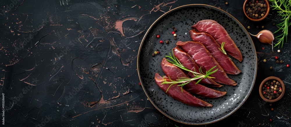 Poster copy space image of raw duck tongue dark background top view