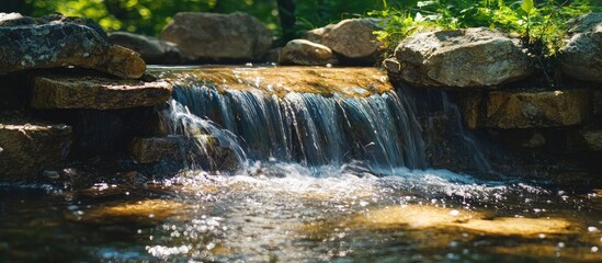 Obraz premium The Photo Of Small Waterfall Or Cataract In The Forest Taked In The Warm Sunny Summer Day With The Long Exposure The Stream Of The Brook Is Flowing Among The Rocks And Stones