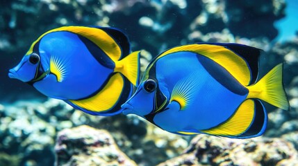 Two vibrant blue and yellow surgeonfish swim swiftly together in a clear ocean ideal for promoting diving snorkeling underwater life education and marine conservation materials