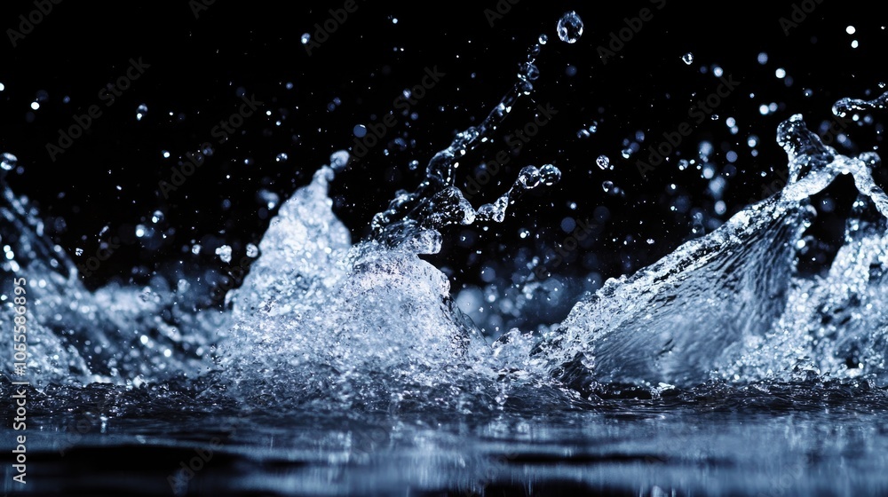 Poster water splashes dramatically against a black backdrop creating a refreshing and striking visual effec