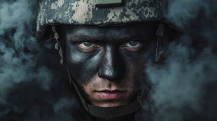 Powerful portrait of a soldier with face paint enveloped in dramatic smoke exhibiting a focused and determined expression reflecting a strong military theme