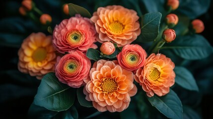 Obraz premium A beautiful arrangement of ranunculus flowers displays vivid shades of orange and yellow. The blooms are surrounded by rich green leaves, creating a stunning contrast. This vibrant composition radiate