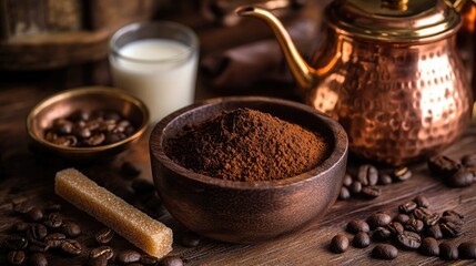 Ground coffee in a wooden bowl accompanied by a brown sugar stick set against a backdrop of copper coffee pots milk and cups
