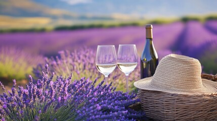 Two wine glasses and a bottle placed in front of a lavender field along with a straw hat and a basket brimming with lavender blooms