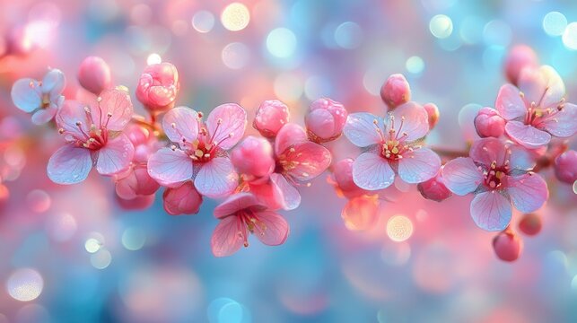 In a serene natural setting, vibrant pink cherry blossoms display their petals against a dreamy, bokeh background. The soft colors evoke a sense of tranquility, capturing the essence of springtime bea