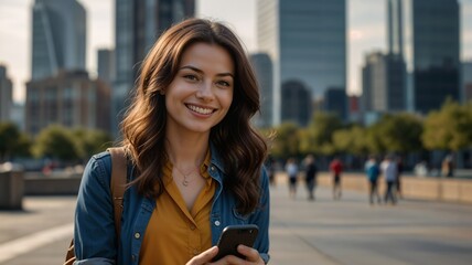 Smiling Woman Using Smartphone in City