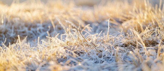 Fototapeta premium Dry Yellow Grass Covered With Hoarfrost Winter Landscape Nature In The Village Frosty Weather