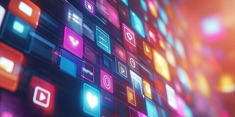 Vibrant digital icons display colorful technology. Bright network elements show online communication. Social media interface, glowing tech design, multimedia application.
