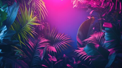 Fototapeta premium Neon lit border surrounded by lush tropical foliage