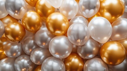 Golden and silver balloons create a vibrant and festive backdrop