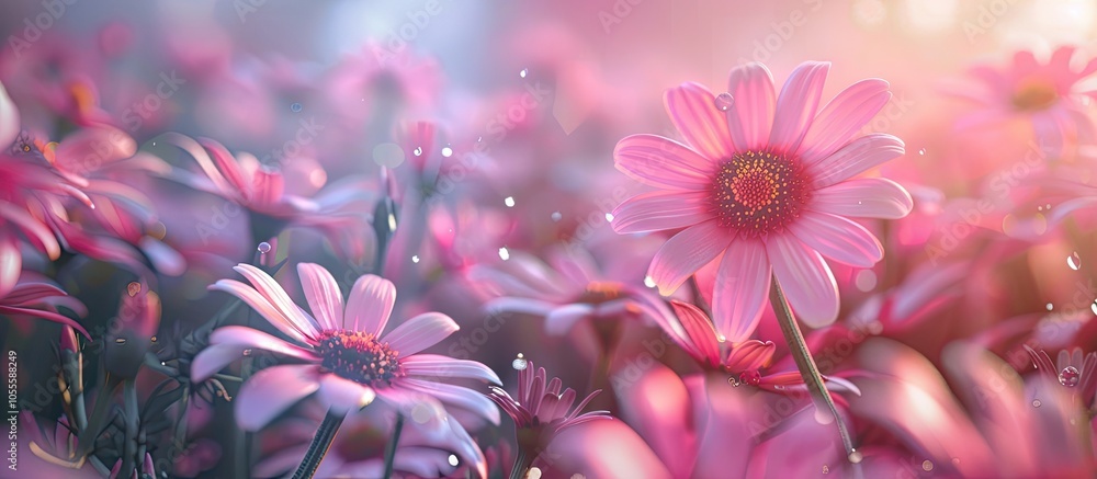 Poster stock photo featuring a nature scene with vibrant pink daisies in bloom with a clear area for added 