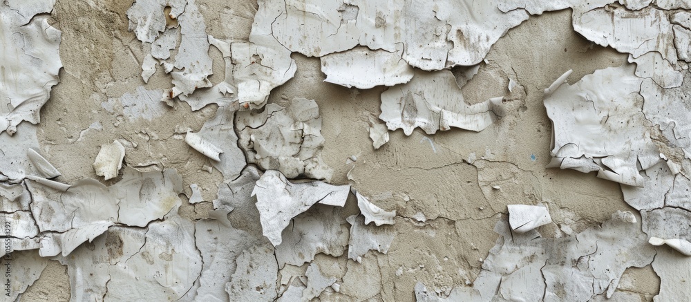 Poster close up image showing a weathered concrete wall with chipped beige paint highlighting its rough tex