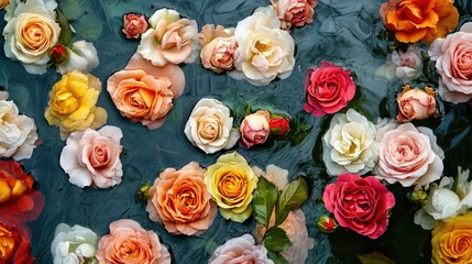 Aerial Perspective of Colorful Mixed Christmas Roses Floating on Water
