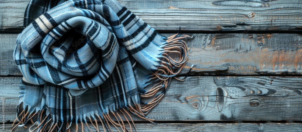 Poster top view of a soft checkered scarf neatly displayed on a rustic wooden table with ample copy space i