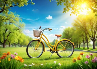 Obraz premium Yellow Bike in Sunny Park Setting - Vibrant Outdoor Scene for Relaxation and Adventure
