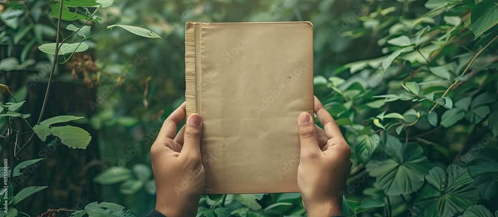 Poster hands of a man holding a book cover mockup with a blank design in a natural setting with green folia