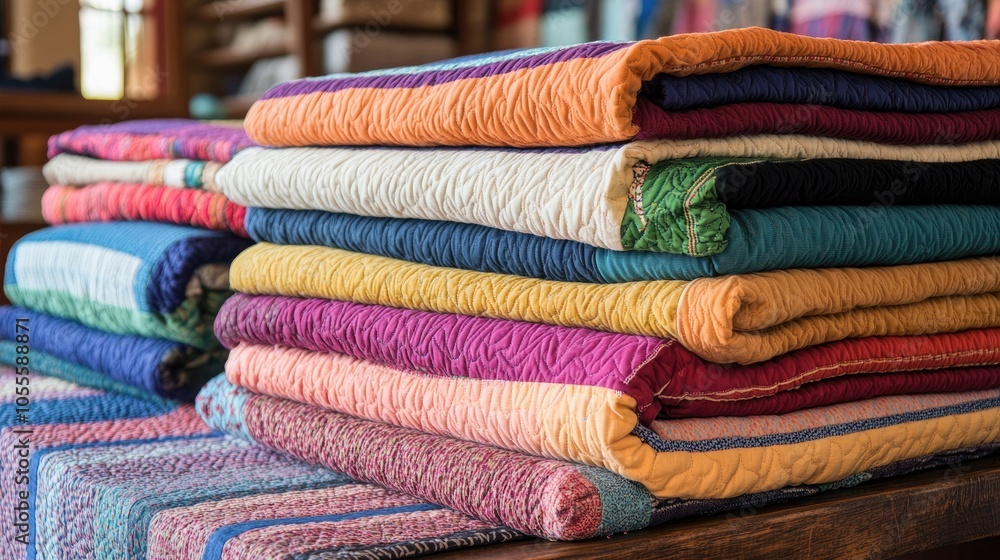 Poster a variety of colorful quilts are neatly piled on a table creating an inviting display with ample spa