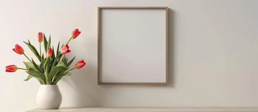 A wall photo frame hangs beside a table adorned with a beautiful vase filled with tulips creating a charming setting with copy space image