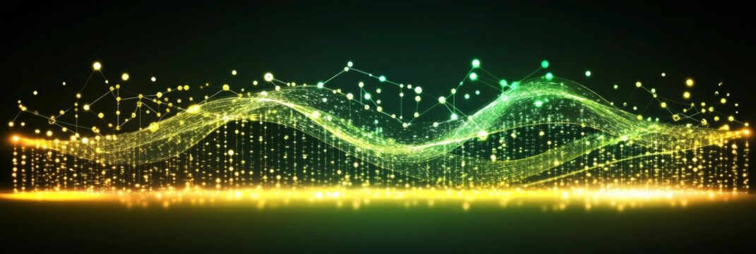 Green, Yellow Wavy Lines, Particles And Mesh Style Network, Technology Background Illustration - Powered by Adobe