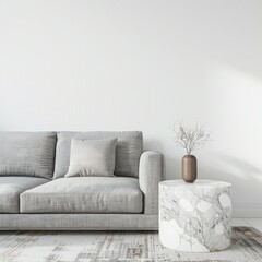 A minimalist living room interior with a grey sofa. a marble side table. a vase with dried branches. and a rug