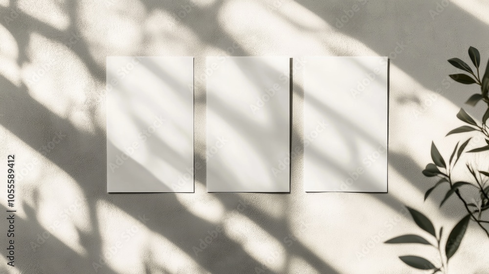 Poster close up of three blank white rectangular poster or card mockups arranged diagonally casting soft sh