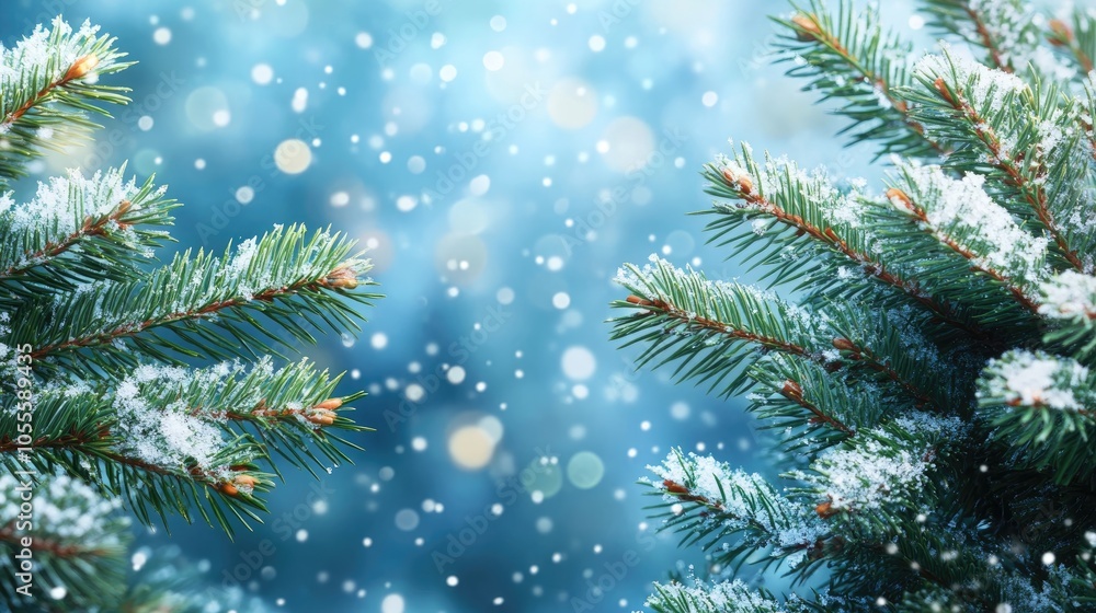 Poster snow covered christmas tree branches featuring fir and pine create a serene background with a blurre