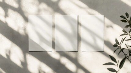 Close up of three blank white rectangular poster or card mockups arranged diagonally casting soft shadows on a neutral light grey textured backdrop Flat lay top view Open composition