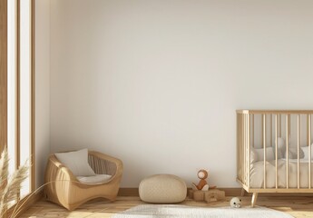 Minimalist nursery with a white wall. a crib. a chair and a rug with toys