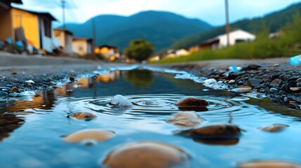 Fototapeta premium Clear Water in River Surrounded by Houses and Nature