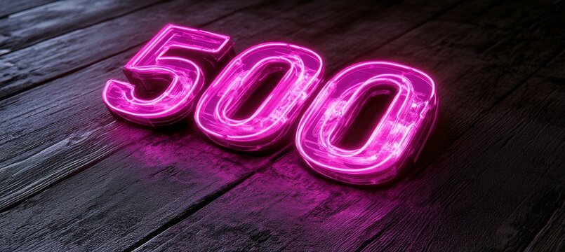 Vibrant Pink Neon Number 500 Sign Glows on a Rustic Dark Wooden Background, 3D Illustration