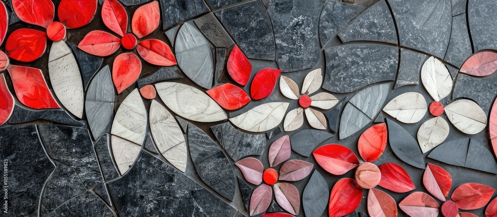 Poster an abstract geometrical design on pavement featuring red gray and pink flowers with a blank backgrou