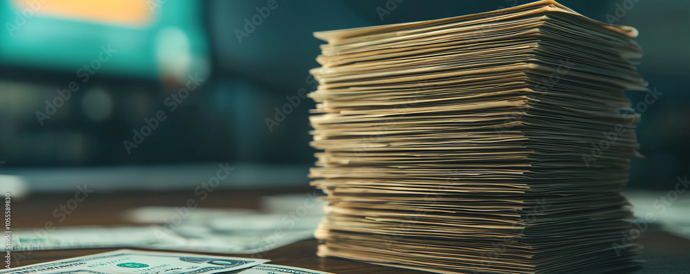 Aufkleber stack of bills with a transparent graph overlay, symbolizing cost forecasts and value assessment
