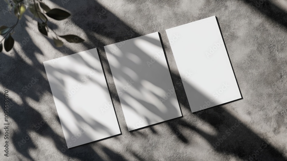 Poster close up of three blank white rectangle poster mockups arranged diagonally with soft shadows on a da