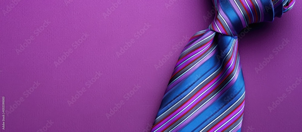 Aufkleber top down view of a striped necktie against a purple backdrop with room for adding text in the image.