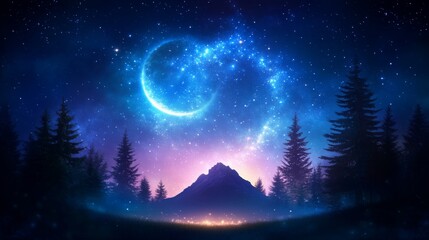 Fototapeta premium Enchanted night sky over a mystical mountain landscape