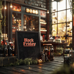 Black Friday Sales in Rustic Setting. Cozy Holiday Shopping Vibes. Festive Retail Display. Warm Seasonal Ambiance."