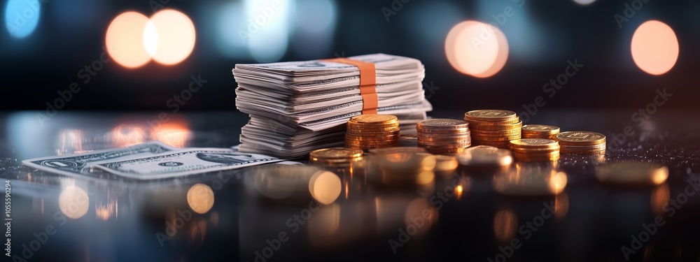 Poster stacks of cash and coins arranged on a reflective surface with blurred lights in the background duri