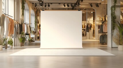 photography editorial , blank banner on the floor in front of clothes shop