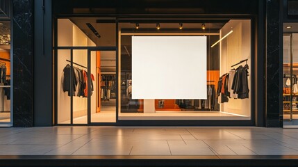 photography editorial , blank banner on the floor in front of clothes shop
