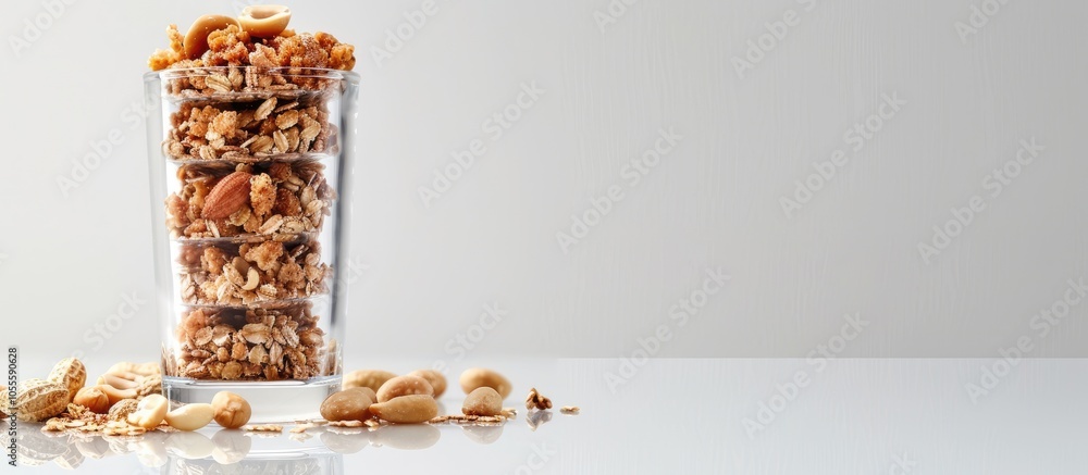 Poster granola stack with peanuts on white backdrop mirrored in glass ample copy space image available