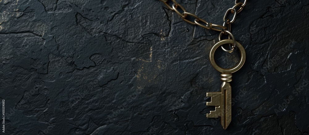 Poster key on a chain set against a black textured backdrop with copy space image