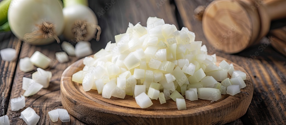 Poster chopped white onions piled on a wooden board creating a copy space image with small vegetable cubes
