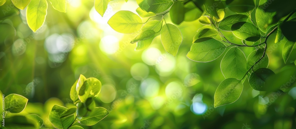 Poster soft focus on green leaves provides a backdrop with selective elements for a copy space image