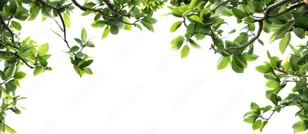 Aufkleber tree branches with green leaves forming a border against a white background suitable for a copy spac