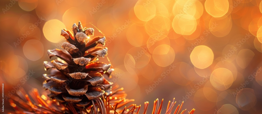 Poster close up photo of a dry pine cone s stem showcasing its texture and warm colors with intense bokeh e