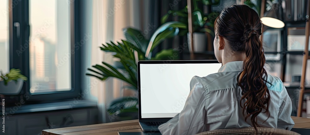 Aufkleber a businesswoman is utilizing a laptop for a video call in her office creating a professional ambianc