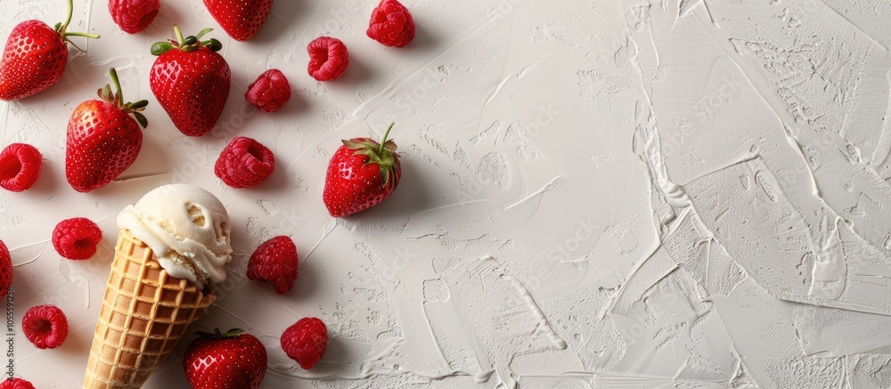 Poster copy space image of fresh strawberries and ice cream cones in a waffle cone on a light background vi