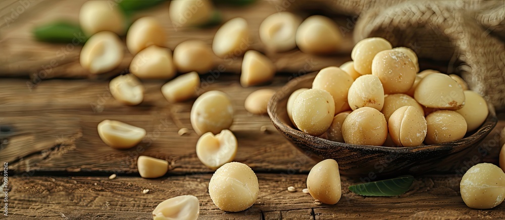Poster macadamia nuts arranged on a wooden table with copy space image
