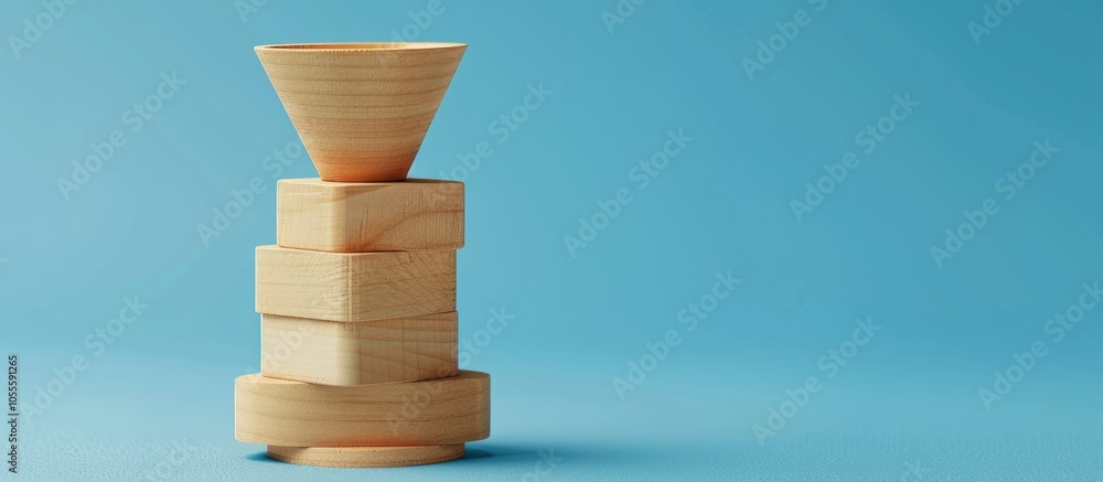 Aufkleber wooden blocks displaying a marketing funnel message on a blue background symbolizing a marketing fun
