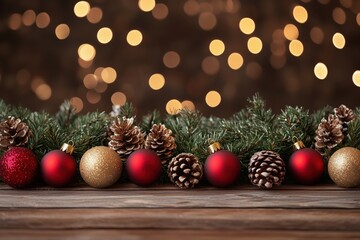 Christmas backdrop with fir branches and cones, balls. Background with copy space. 